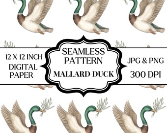 Patrón sin costuras de pato ánade real PNG JPG, papel digital de pato acuarela, estampado de pato volando, diseño de tela de aves acuáticas