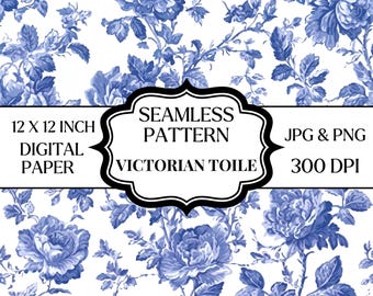 Papel digital con estampado sin costuras de toile victoriano azul, estampado floral chinoiserie para papel tapiz, rosas vintage PNG JPG 12x12
