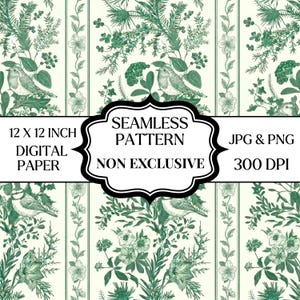 May include: A seamless digital paper pattern featuring green botanical illustrations of birds, pine branches, and flowers on a cream background. Text reads: 12 X 12 INCH, DIGITAL PAPER, SEAMLESS PATTERN, NON EXCLUSIVE, JPG & PNG, 300 DPI.