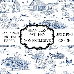 May include: A digital paper seamless pattern featuring a blue and white toile-style rural landscape with farmhouses, sunflowers, a horse-drawn cart, and chickens. The text reads 12 X 12 INCH, DIGITAL PAPER, SEAMLESS PATTERN, NON EXCLUSIVE, JPG & PNG, 300 DPI.