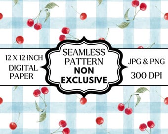 Naadloos kersenpatroon digitaal papier, blauwe gingangkersenprint, cottagecore-fruitpatroon, picknick plakboekpapier, zomer afdrukbare 12 x 12