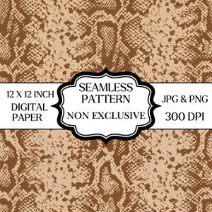 Puede incluir: Un patrón digital sin costuras con una textura de piel de serpiente en marrón y beige. Una etiqueta blanca central con borde negro contiene el texto: SEAMLESS PATTERN, NON EXCLUSIVE, 12 X 12 INCH, DIGITAL PAPER, JPG & PNG, 300 DPI.