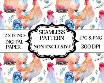 Patrón sin costuras de gallinas en acuarela PNG JPG, papel digital de gallo y gallina de granja, estampado de gallinero, diseño rústico de granja