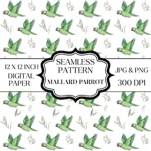 Puede incluir: Un patrón digital continuo con ilustraciones repetidas de loros verdes en vuelo intercaladas con ramitas grises sobre un fondo blanco. El texto dice: 12 X 12 INCH DIGITAL PAPER, SEAMLESS PATTERN, MALLARD PARROT, JPG & PNG, 300 DPI.