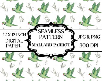 Patrón sin costuras de loro verde, papel digital de periquito en acuarela, patrón de aves tropicales, papel tapiz de loro, diseño de tela