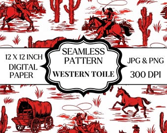 Patrón sin costuras de vaquero del oeste, papel digital de caballo del desierto, estampado toile de rancho vintage, 12x12 JPG PNG, diseño de tela del oeste, AIFILE