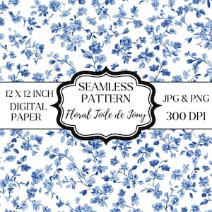 Naadloze blauwe toile de jouy-bloemenpatroon, vintage botanische Franse toile, bloemenprint in chinoiserie-stijl, bloemenprint png PNGEgg