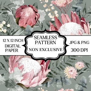 Watercolor Protea Seamless Pattern PNG JPG, Floral Digital Paper, Botanical Seamless Print, Pink Protea Fabric Design