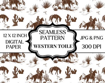 Papel digital con estampado sin costuras Western Toile PNG JPG, estampado de vaquero, caballo y cactus del desierto, papel rústico para álbumes de recortes del oeste.