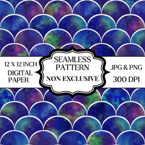 May include: Digital paper with a seamless pattern of blue, purple, and green watercolor-style semi-circles. The image includes text that reads "12 X 12 INCH DIGITAL PAPER SEAMLESS PATTERN JPG & PNG NON EXCLUSIVE 300 DPI."