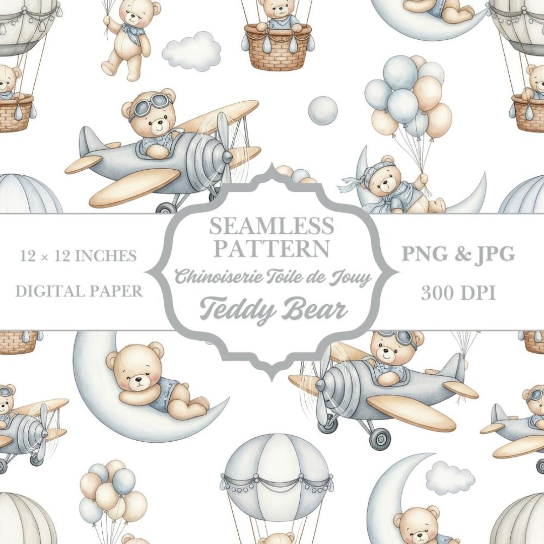 Teddy Bear Airplane Seamless Pattern | Nursery Toile Design (PNG JPG ...