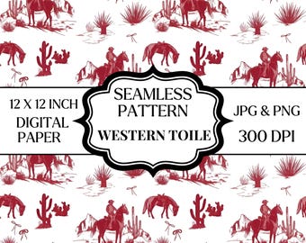 Papel digital con estampado sin costuras estilo western rojo en formato PNG y JPG, estampado de vaquero, caballo y cactus, papel rústico para álbumes de recortes estilo rancho.