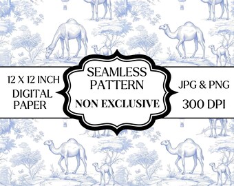 Patrón sin costuras Camel Toile PNG JPG, Papel digital Desert Camel, Diseño de tela Safari Toile, Papel tapiz vintage para guardería