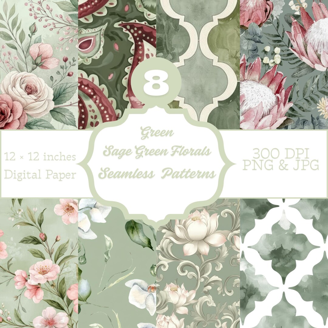 Sage Green Floral Digital Paper Pack | Seamless Green Patterns ...