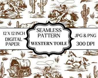 Patrón sin costuras Western Toile PNG, Papel digital Cowboy Horse Desert Cactus, Papel tapiz rancho vintage, Estampado de tela JPG