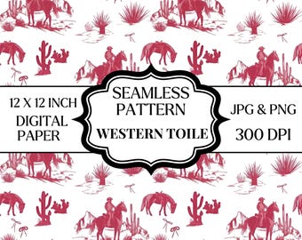 Papel digital con estampado Toile occidental rosa sin costuras en formato PNG y JPG, estampado de vaquero, caballo y cactus, papel para álbum de recortes de vaquera de 12x12 pulgadas.