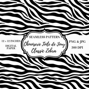 May include: A digital paper design featuring a black and white zebra stripe pattern. The image includes the text "Chinoiserie Toile de Jouy Classic Zebra" and "12 x 12 inches". The design is available in PNG and JPG formats at 300 DPI.