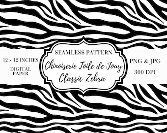 Patrón sin costuras con estampado de cebra / Chinoiserie Toile de Jouy (PNG JPG Papel digital 12x12)