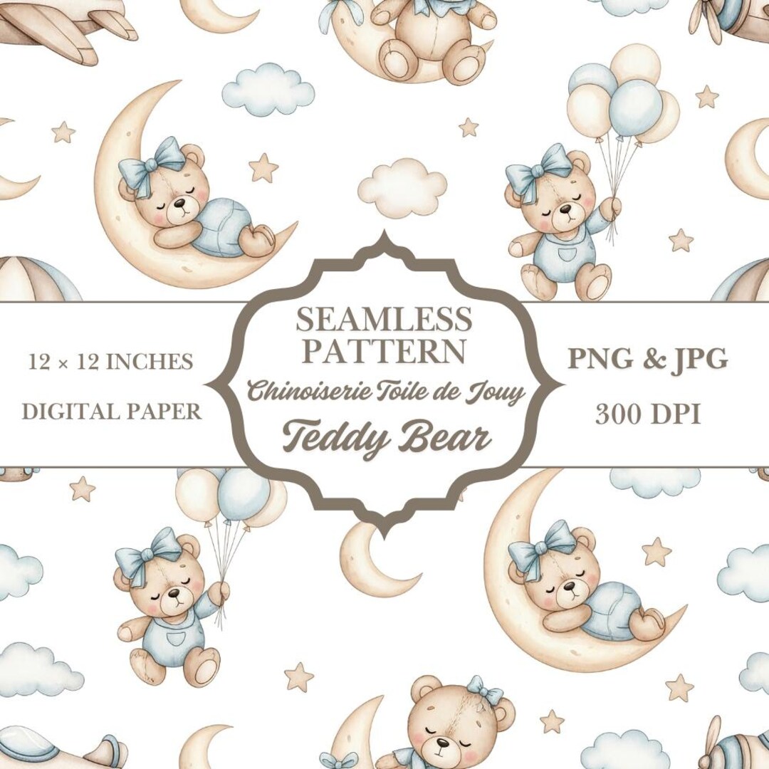 Teddy Bear Moon Seamless Pattern | Nursery Digital Paper (PNG, JPG) - Etsy