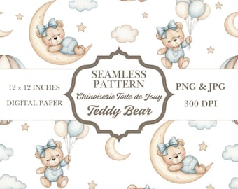 Naadloos patroon teddybeer en maan | Digitaal papier voor de kinderkamer (PNG, JPG)