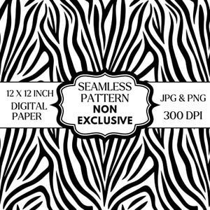 Könnte beinhalten: Digitales Papier mit einem schwarz-weißen Zebrastreifenmuster. Der Text lautet "12 x 12 Zoll Digitalpapier" und "Nahtloses Muster nicht exklusiv". Das Bild zeigt auch "JPG & PNG 300 DPI".