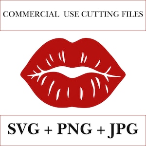 以下が含まれることがあります： 白い背景に赤い唇のグラフィック。画像には、上部に「COMMERCIAL USE CUTTING FILES」、下部に「SVG + PNG + JPG」というテキストが含まれており、ファイルの種類を示しています。