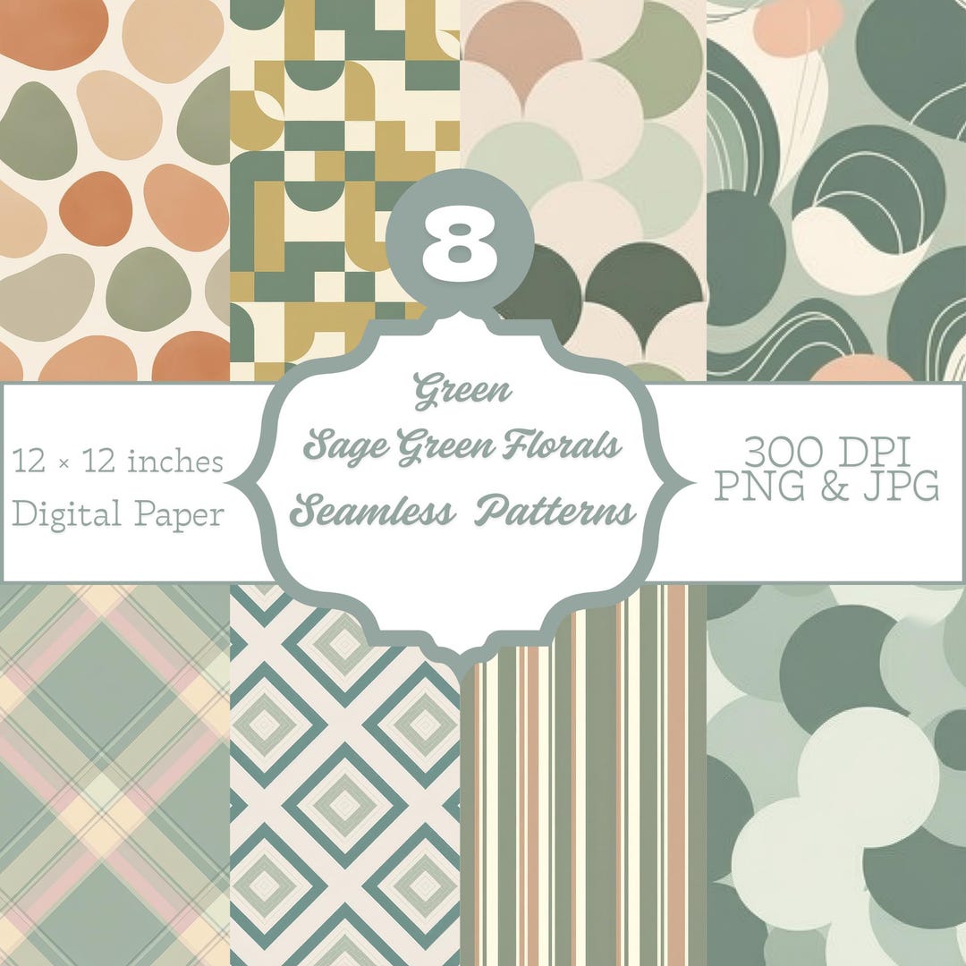 Sage Green Digital Paper Pack | Seamless Geometric Patterns | Retro ...