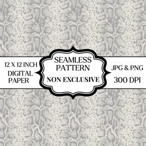 Könnte beinhalten: Ein nahtloses digitales Papiermuster mit einer hellgrauen und weißen Schlangenhauttextur. Ein zentrales Etikett mit schwarzem Rand enthält den Text: SEAMLESS PATTERN, NON EXCLUSIVE, 12 X 12 INCH, DIGITAL PAPER, JPG & PNG, 300 DPI.