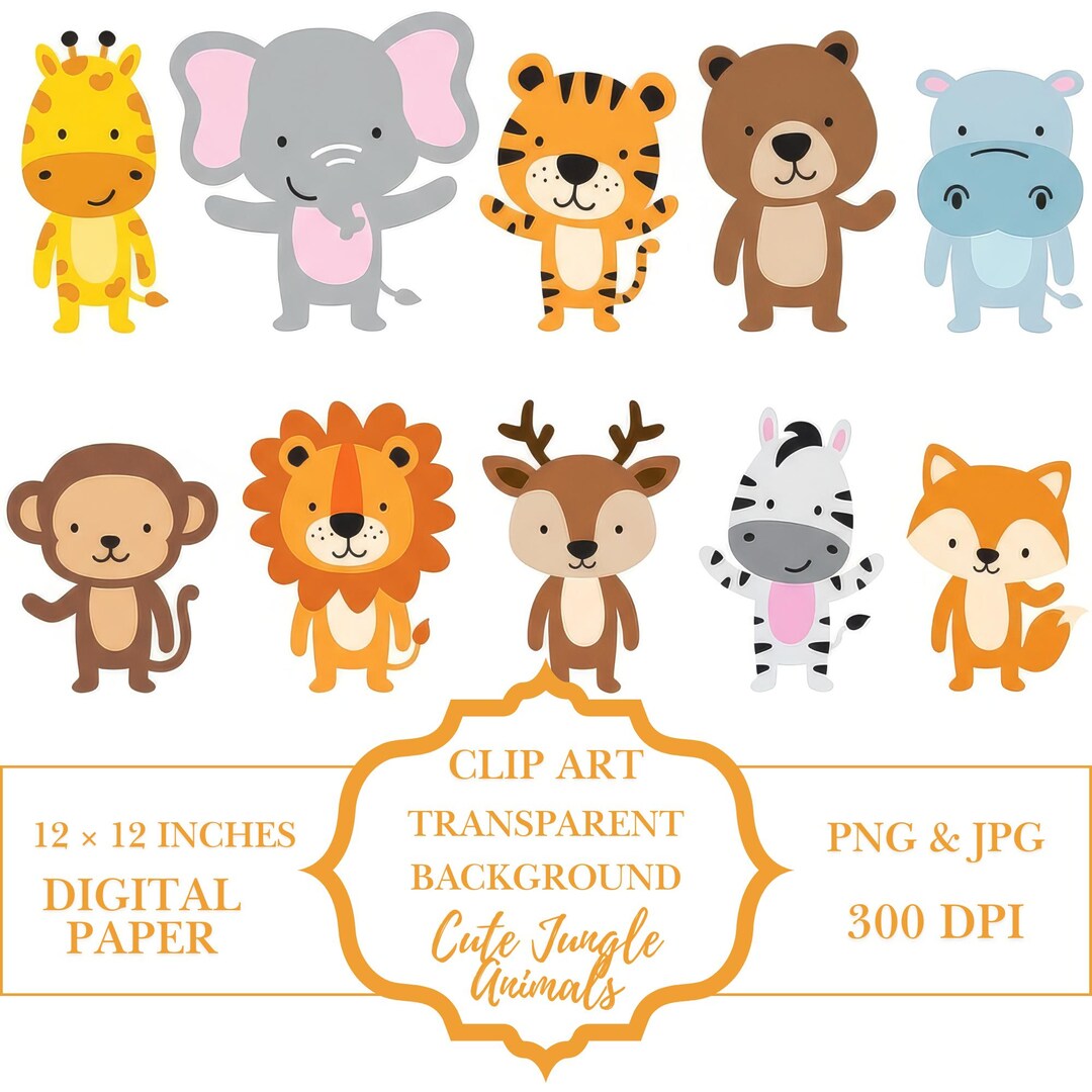 Cute Jungle Animals Clipart PNG JPG | Safari Animals Clip Art | Kawaii ...