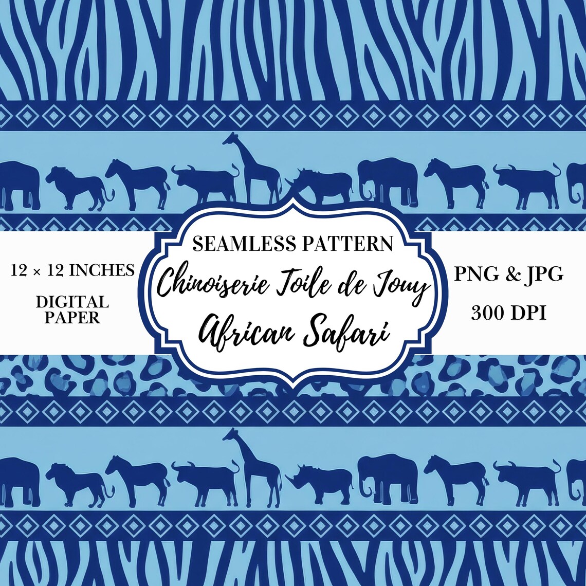 African Safari Toile Seamless Pattern | Blue Chinoiserie Safari Digital ...