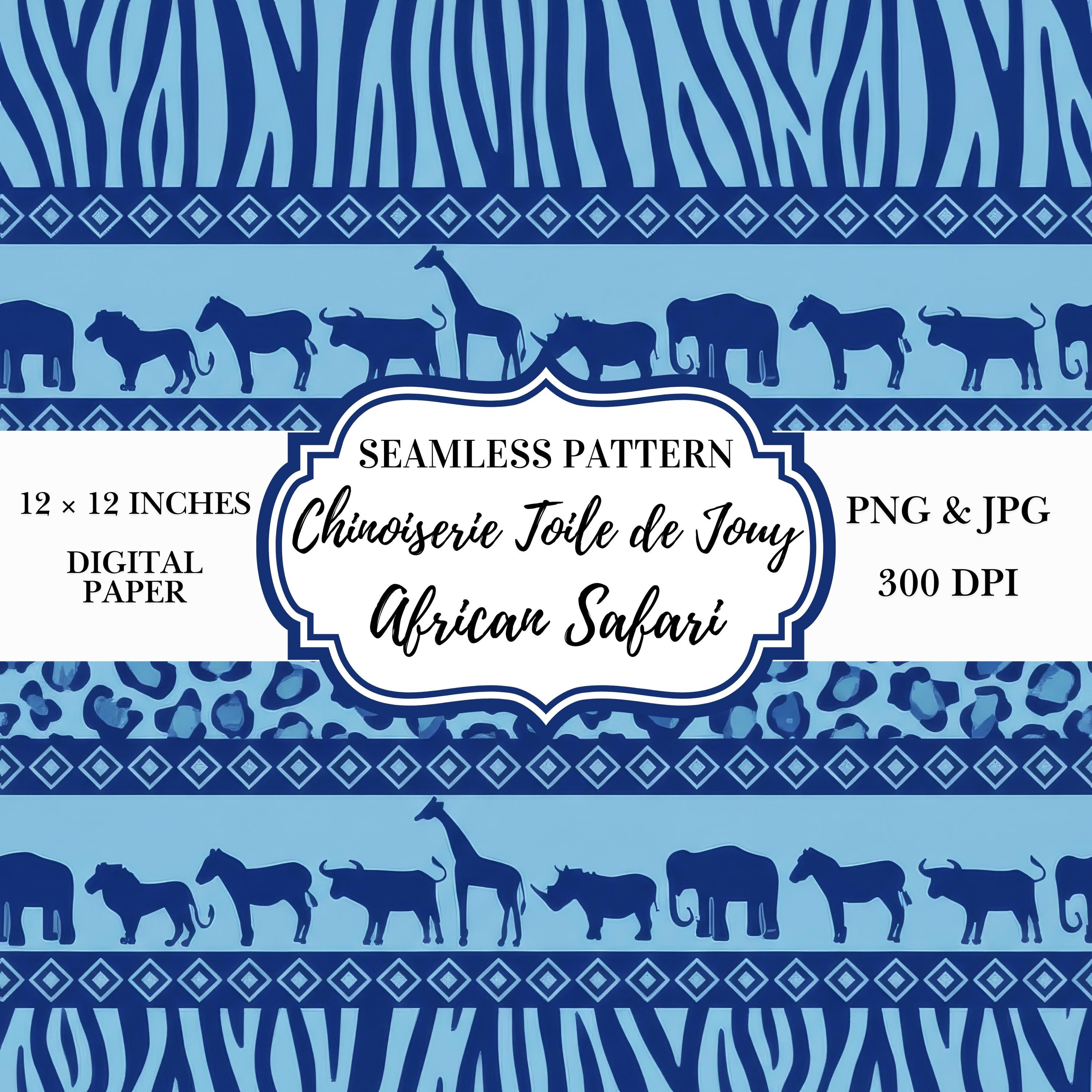 Toile Pattern Border African Safari Toile Seamless Pattern | Blue Chinoiserie Safari Digital ...