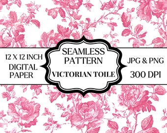 Patrón sin costuras Toile victoriano rosa PNG JPG, papel digital floral, papel tapiz de rosas vintage, papel para álbum de recortes Shabby Chic