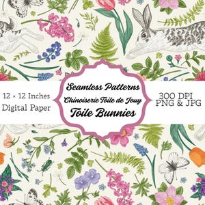 Motif floral coloré avec lapins et fleurs sur fond blanc, Toile de Jouy.