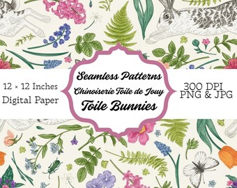 Estampado floral colorido con conejos y flores sobre fondo blanco, Toile de Jouy.
