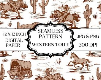Patrón sin costuras de vaquero del oeste, papel digital de caballo del desierto, estampado toile de rancho vintage, 12x12 JPG PNG, diseño de tela del oeste, AIFILE