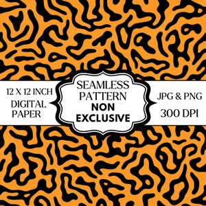 May include: Digital paper with a seamless pattern of black organic shapes on an orange background. The image includes the text "12 X 12 INCH DIGITAL PAPER" and "SEAMLESS PATTERN NON EXCLUSIVE JPG & PNG 300 DPI".