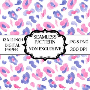 May include: Seamless digital paper with a repeating pattern of pink and blue watercolor leopard spots on a white background. The image includes the text "12 X 12 INCH DIGITAL PAPER SEAMLESS PATTERN JPG & PNG NON EXCLUSIVE 300 DPI."