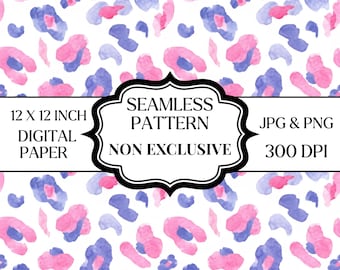 Diseño sin costuras de leopardo en acuarela rosa y azul, papel digital de 12x12 pulgadas, papel para álbum de recortes imprimible, PNG JPG 300 DPI
