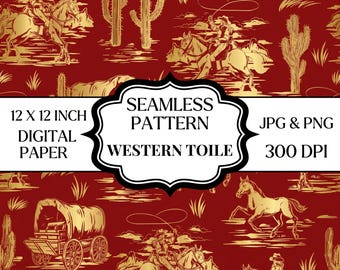 Patrón sin costuras Western Toile PNG JPG, Papel digital Cowboy Horse Cactus, Impresión por sublimación Western Rodeo rojo