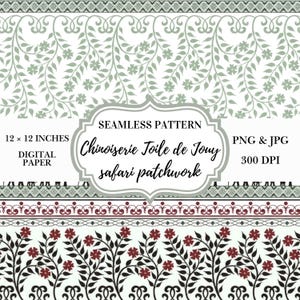 May include: Digital paper with a seamless pattern. The design features floral and botanical elements in shades of green, burgundy, and black. The text reads "Chinoiserie Toile de Jouy safari patchwork" and "12 x 12 inches".