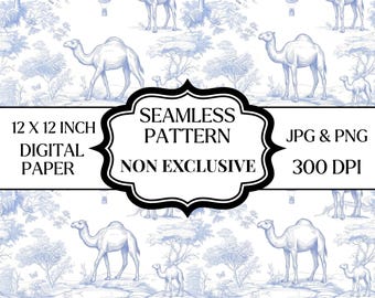 Patrón sin costuras Camel Toile PNG JPG, Papel digital Desert Camel, Diseño de tela Safari Toile, Papel tapiz vintage para guardería