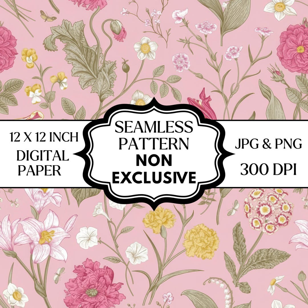 Seamless Floral Pattern Digital Paper, Pink Vintage Flower Print ...
