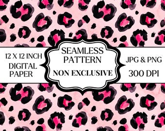 Patrón sin costuras de leopardo rosa PNG JPG, papel digital con estampado de guepardo en acuarela, estampado animal rosa intenso, diseño de tela