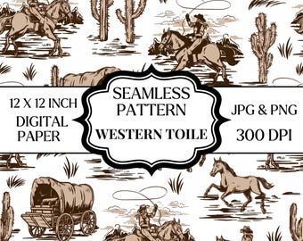 Patrón sin costuras de vaquero del oeste, papel digital de caballo del desierto, estampado toile de rancho vintage, 12x12 JPG PNG, diseño de tela del oeste, AIFILE