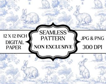 Patrón sin costuras Blue Bunny Toile PNG JPG, Papel digital Rabbit Toile, Tela vintage para habitación infantil con estampado de bosque