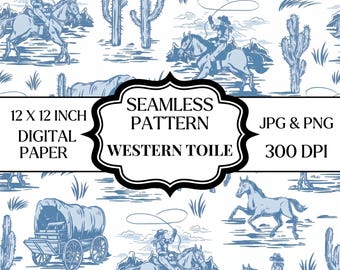 Patrón sin costuras de vaquero del oeste, papel digital de caballo del desierto, estampado toile de rancho vintage, 12x12 JPG PNG, diseño de tela del oeste, AIFILE
