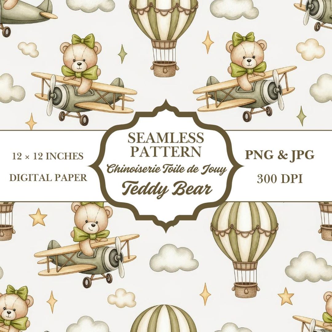 Green Teddy Bear Seamless Pattern | Aviation Nursery Digital Paper (PNG ...