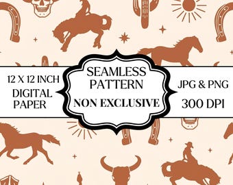 Patrón sin costuras de vaquero del oeste PNG JPG, papel digital de rodeo, estampado de calavera de cactus de caballo, diseño de tela del oeste