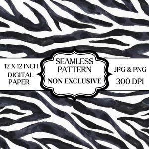 May include: A seamless digital paper pattern featuring black watercolor zebra stripes on a white background. The image includes text stating 12 X 12 INCH, SEAMLESS PATTERN, NON EXCLUSIVE, JPG & PNG, and 300 DPI within a central decorative frame.