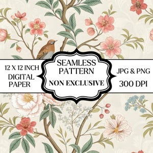 May include: A seamless digital paper pattern featuring a floral design with pink and peach flowers, green leaves, and a brown bird. The text on the image reads "12 X 12 INCH DIGITAL PAPER SEAMLESS PATTERN NON EXCLUSIVE JPG & PNG 300 DPI."